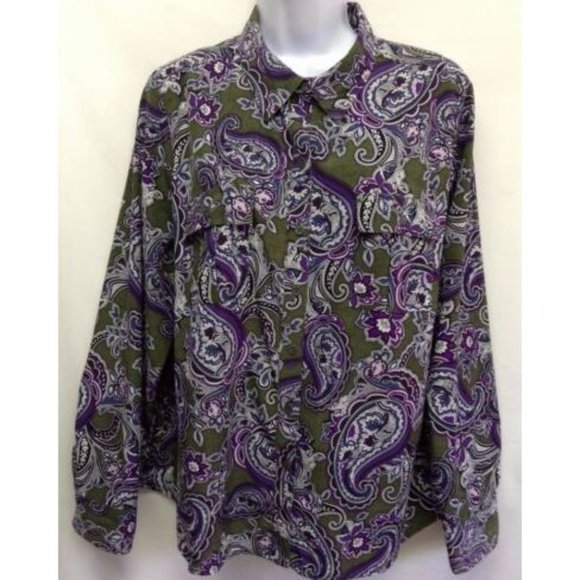 croft & barrow Tops - Women's Green Purple Paisley Long Sleeve Blouse XL